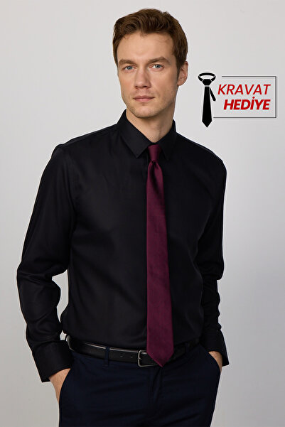 Tudors Slim Fit Siyah Non-Iron %100 Pamuk Doğa Dostu Ekoteks Belgeli Gömlek