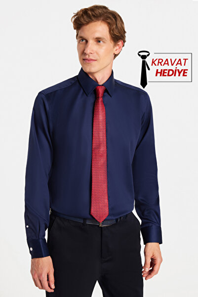 Tudors Slim Fit Lacivert Non-Iron %100 Pamuk Doğa Dostu Ekoteks Belgeli Gömlek