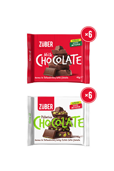 Züber Antep Fıstıklı Sütlü Çikolata 42g x 6 Adet + Sütlü Çikolata 42g x 6 Adet