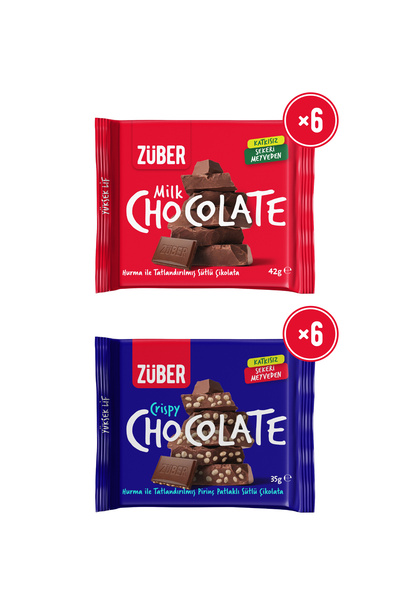 Züber Sütlü Çikolata 42g x 6 Adet + Pirinç Patlaklı Sütlü Çikolata 35g x 6 Adet