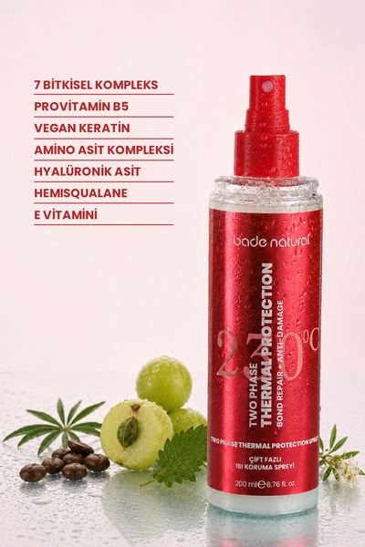 Bade Natural Çift Fazlı Isı Koruma Spreyi 200 ml – Yıpranma ve Elektriklenme Karşıtı, Fön Güçlendirici Bakım