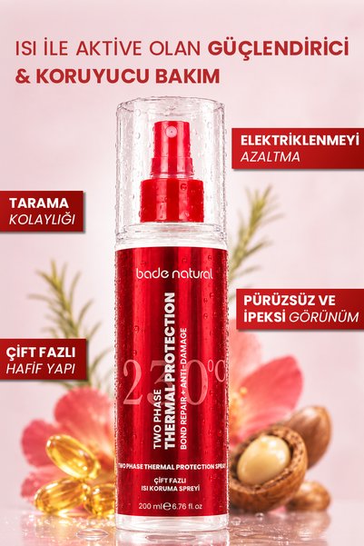 Bade Natural Çift Fazlı Isı Koruma Spreyi 200 ml – Yıpranma ve Elektriklenme Karşıtı, Fön Güçlendirici Bakım
