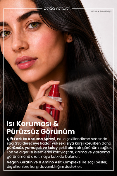 Bade Natural Çift Fazlı Isı Koruma Spreyi 200 ml – Yıpranma ve Elektriklenme Karşıtı, Fön Güçlendirici Bakım