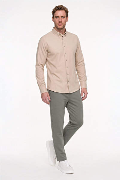 AC&Co / Altınyıldız Classics Erkek Oxford Kolay Ütülenebilir Pamuklu Terletmez Gömlek Bej Düğmeli Yaka Slim Fit Dar Kesim