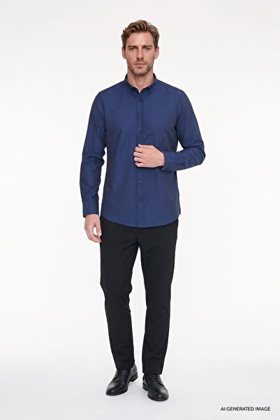 AC&Co / Altınyıldız Classics Erkek Oxford Koyu Lacivert Düğmeli Yaka Kolay Ütülenebilir Pamuklu Slim Fit Dar Kesim Gömlek