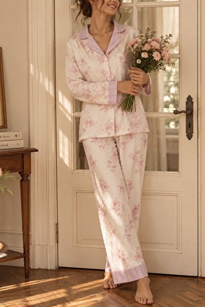 BELLA NOTTE Ekru Viskon Dokuma Pembe Çiçek Desenli Düğmeli Uzun Kollu Pijama ...