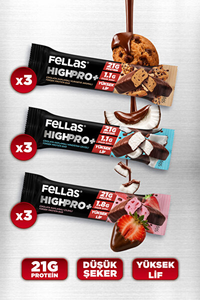 Fellas Çikolata Kaplı HighPro+ Protein Bar 50gr Karma Kutu (3 x 3)
