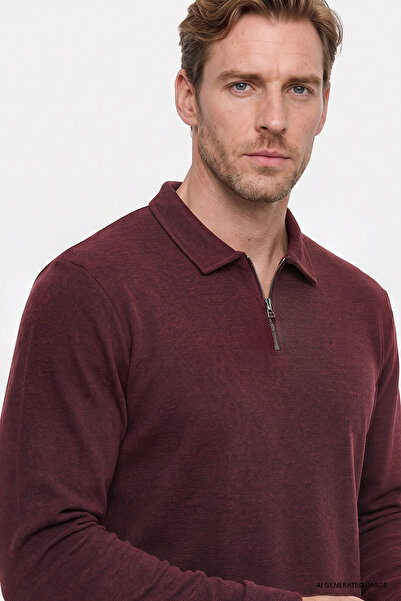AC&Co / Altınyıldız Classics Erkek Bordo Pamuklu Standart Fit Normal Kesim Polo Yaka Sweatshirt