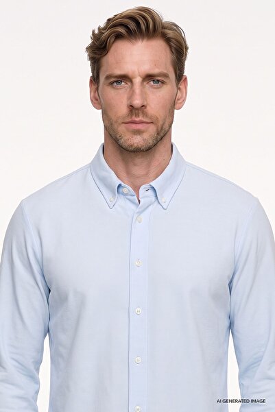 AC&Co / Altınyıldız Classics Erkek Açık Mavi Pamuklu Tailored Slim Fit Dar Kesim Düğmeli Yaka Örme Gömlek