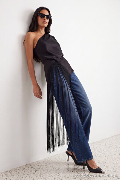 Trendyol Collection Black Asymmetric Collar Detachable Tassel Belted Satin Bl...