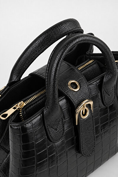 Vivaq Women's Boxy Black Faux Leather Croco Patterned Crossbody Bag with Stra...