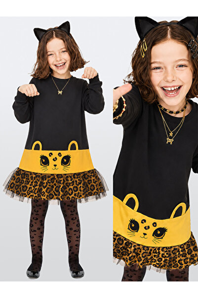 Denokids Kız Çocuk Leopar Aplikeli Tüllü Pamuklu Elbise – Siyah Uzun Kollu Ra...