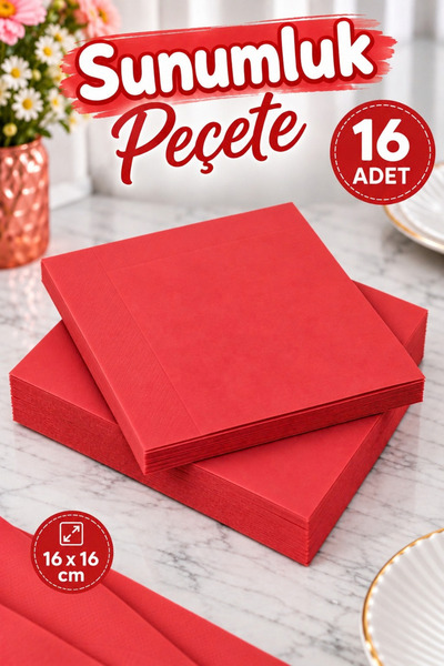 Huzur Party Store Düz Kırmızı Renkli Sunumluk Peçete 16 Adet Dekoratif Romant...