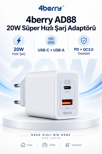 4 Berry 20W Hızlı Şarj Adaptörü USB-C USB-A PD QC3.0 Çift Port Şarj Cihazı