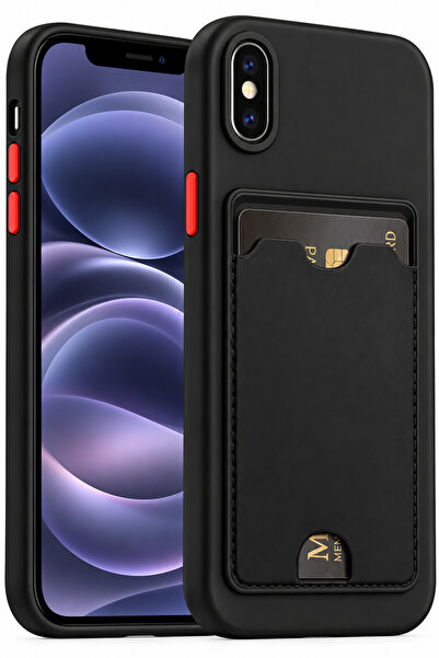 Fibaks iPhone X/XS Kılıf Kamera Korumalı Kartlıklı Cüzdanlı Kırmızı Tuşlu Siy...