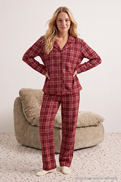 Trendyol Collection Burgundy 100% Cotton Plaid Knit Pajama Set THMAW20PT0266