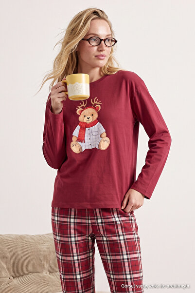 Trendyol Collection Women's Burgundy 100% Cotton Christmas Themed Plaid Knitt...