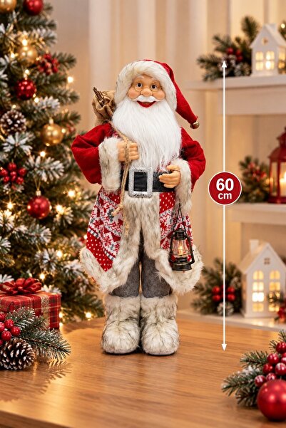 Huzur Party Store 60 cm Santa Claus Figure Prime Series Red Patterned Furry L...