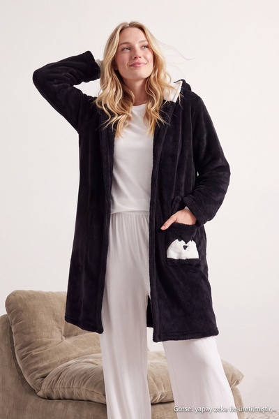 Trendyol Collection Black Belted Animal Figured Pocketed Hooded Wellsoft Wint...