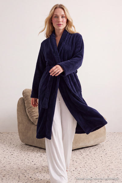 Trendyol Collection Navy Blue Belted Wellsoft Winter Knitted Dressing Gown Th...