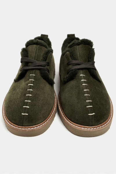 NİŞANTAŞI SHOES Lusha Haki Hakiki Süet Deri İçi Kürklü Bağcık Detay Kalın Taban Kadın Ayakkabı