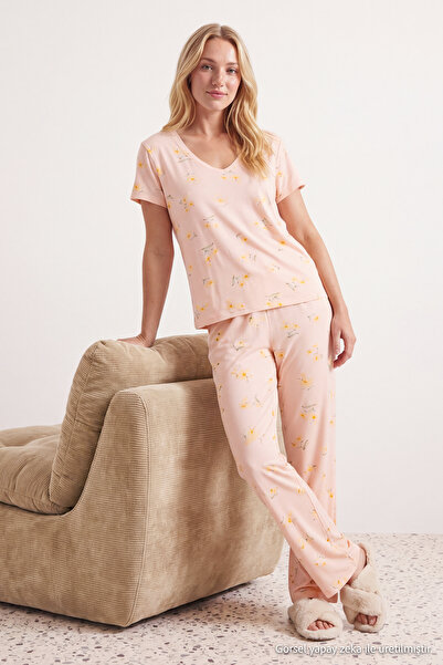 Trendyol Collection Salmon Floral Knitted Pajamas Set Thmss26Pt00023