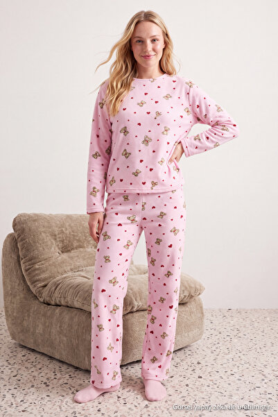 Trendyol Collection Pink Teddy Bear and Heart Pattern Winter Fleece Knitted P...