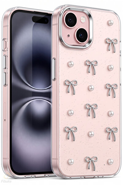 Fibaks iPhone 13/14/15 Kılıf Fiyonk Desenli Şeffaf Simli Gümüş Kamera Çıkıntı...