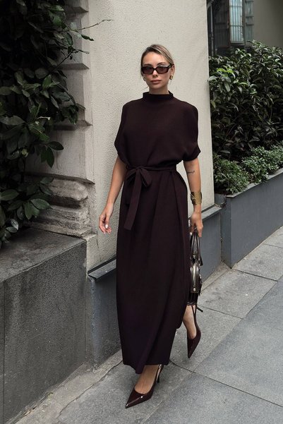 Swist Brown Half Batwing Sleeve High Collar Belted Women's Knitwear Dress