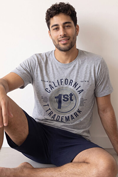 Pijamaevi Lacivert California Baskılı Şortlu Kısa Kollu Erkek Pijama Takımı