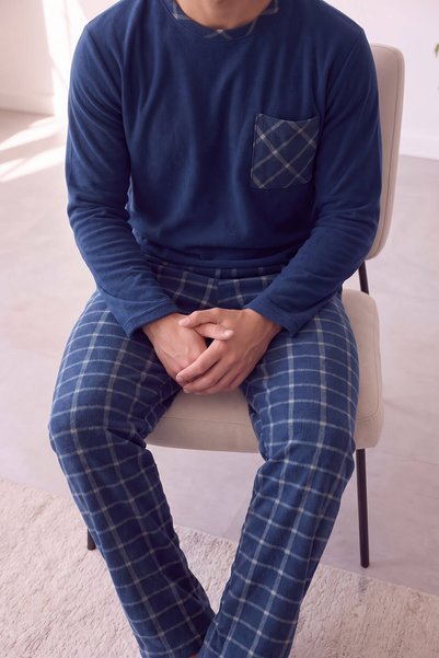 Pijamaevi Lacivert Ekru Ekose Desenli Elegant Erkek Pijama Takımı