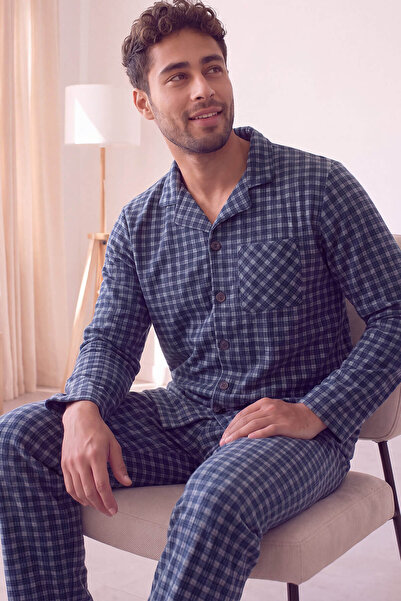 Pijamaevi Navy Blue Gray Plaid Patterned Front Buttoned Elegant Men's Pajama Set