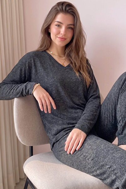 Pijamaevi Siyah Bambu Uzun Kol Kadın Pijama Takımı