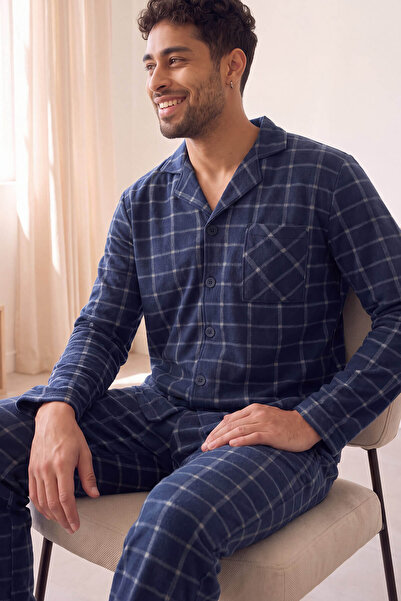 Pijamaevi Navy Blue Plaid Patterned Buttoned Front Elegant Men's Pajama Set