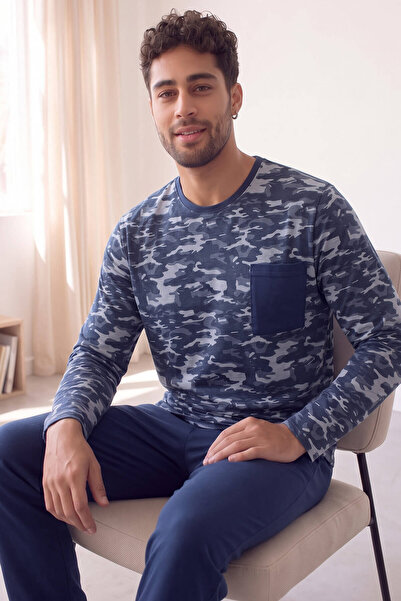 Pijamaevi Smoked Camouflage Patterned Stylish Men's Long Sleeve Pajama Set