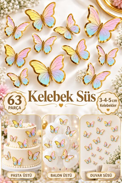 Huzur Party Store 63 Adet Kelebek Pasta ve Balon Zinciri Süsü Makaron Renkli ...