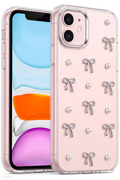 Fibaks iPhone 11 Kılıf Fiyonk Desenli Şeffaf Simli Gümüş Kamera Çıkıntılı Par...