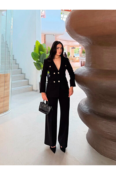 Female Clothing feme clothing Siyah Düğmeli Blazer Ceket Esnek Pantolon Şık K...