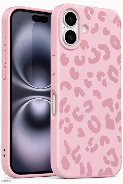 Fibaks iPhone 16 Kılıf Pembe Leopar Desenli İnce Yumuşak Silikon Kapak Telefo...