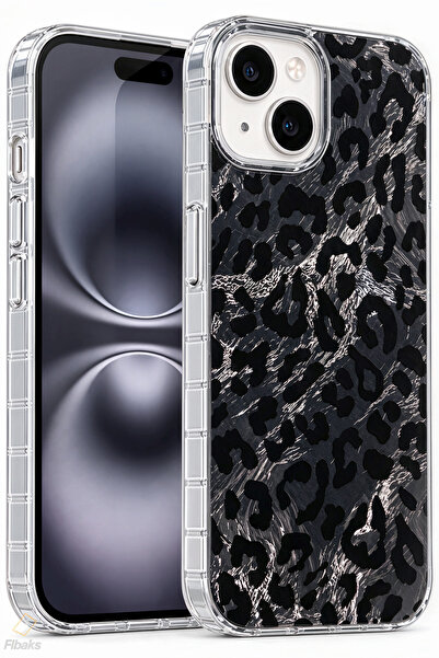 Fibaks iPhone 13/14/15 Kılıf Hologramlı Siyah Leopar Desenli Darbe Emici Kame...