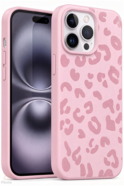 Fibaks iPhone 15 Pro Max Kılıf Pembe Leopar Desenli İnce Yumuşak Silikon