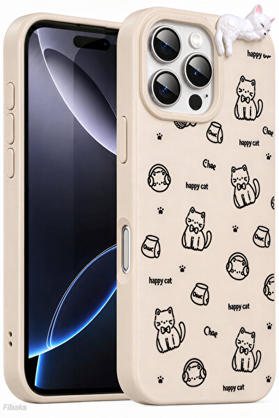 Fibaks iPhone 16 Pro Max Kılıf 3D Uyuyan Kedi Figürlü Happy Cat Desenli Darbe...
