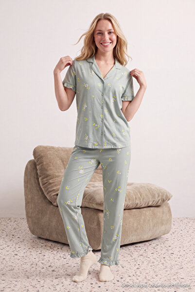 Trendyol Collection طقم بيجاما محبوك مزهر مكشكش من القطن 100%، باللون النعناع...