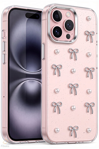 Fibaks iPhone 12 Pro Max Kılıf Fiyonk Desenli Şeffaf Simli Gümüş Kamera Çıkın...