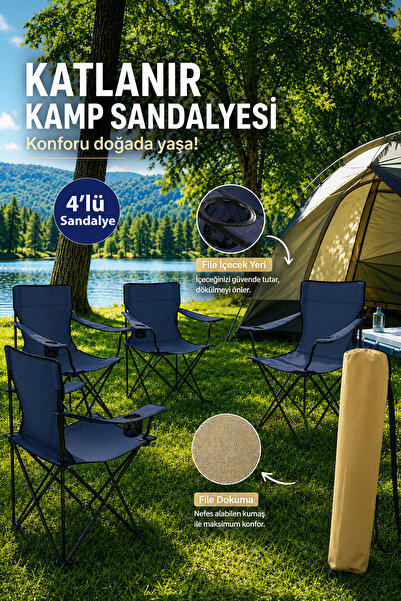 Walke 4 Lü Katlanabilir Kamp Sandalyesi Piknik Sandalyesi Plaj Sandalyesi Mav...