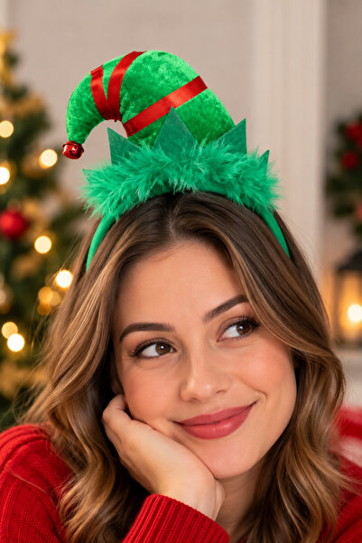Huzur Party Store New Year's Elf Hat Crown Green Colored Red Stripe New Year'...