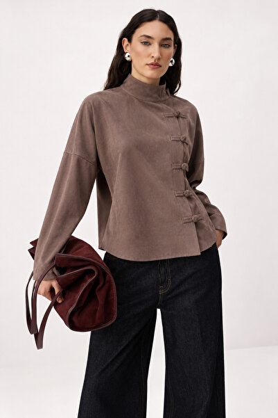 Trendyol Collection Brown Textured Suede Shirt with Closure Detail Twoaw27Go0...