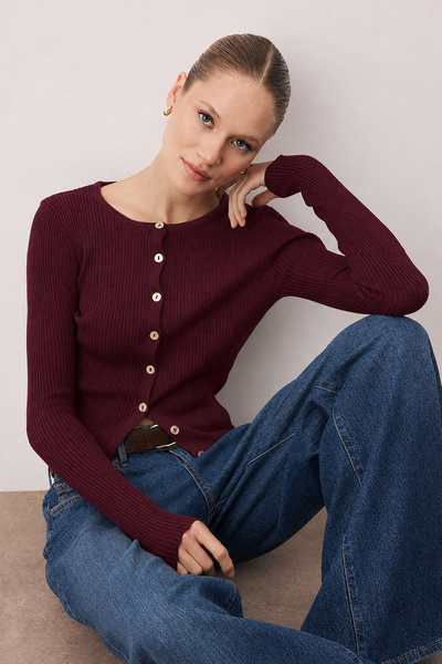 Trendyol Collection Wardrobe Essentials Burgundy Mercerized Look Ribbed Crop ...