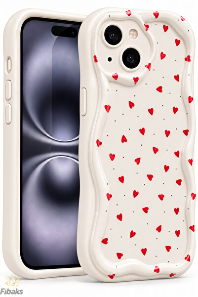 Fibaks iPhone 15 Kılıf Kamera Korumalı Dalga Kenarlı Kırmızı Kalp Desenli Sil...
