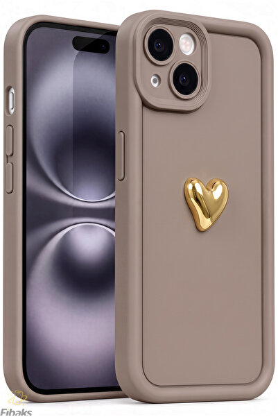 Fibaks iPhone 13/14 Kılıf 3d Kalp Tasarımlı Kahverengi Desenli Yumuşak Kamera...